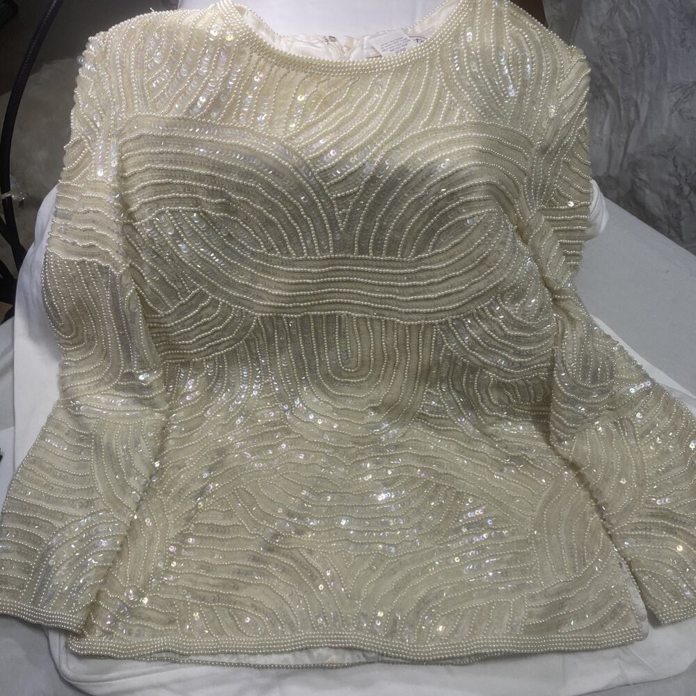 Vintage Talbots Joan Leslie ivory Geometric Sequin Long Sleeve Blouse small